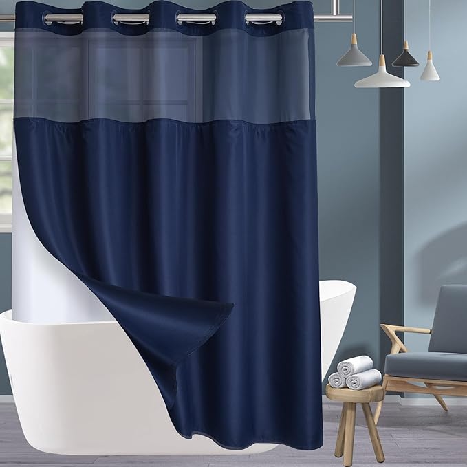 Conbo Mio No Hook Shower Curtain with Snap in Liner Set, Hotel Luxury Dark Blue Fabric Shower Curtains for Bathroom with See Through Top Window, Washable, Waterproof 71W x 74H