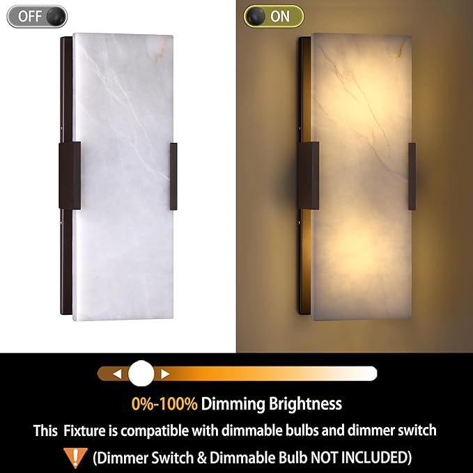 2 Light Natural Square Alabaster Marble Bathroom 15 Inch Wall Sconce Modern Concise Style Wall Light Fixtures,Oil Rubbed Bronze Finish for Bedroom Hallway Bedside Living Room