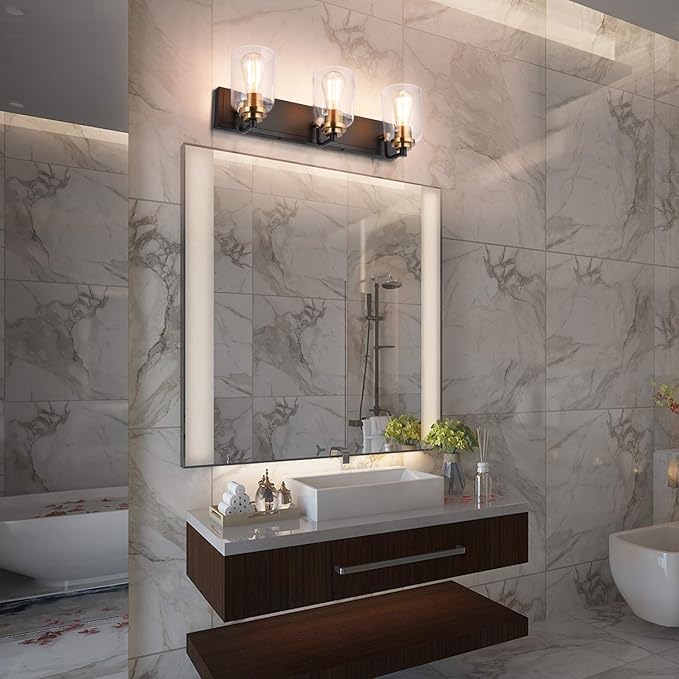 SOLFART Bathroom Vanity Light 3-Light Light fixtures for Bathroom Above Mirror Bathroom Lights fixtures Over Mirror in Black Brass Wall Sconces