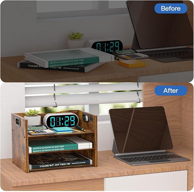 3-Tier Wood Paper Organizer, File Holder for Desk With Handle - Wooden Paper Letter Tray, Desk Organizer and Accessories, File Cabinet for Home Office, School