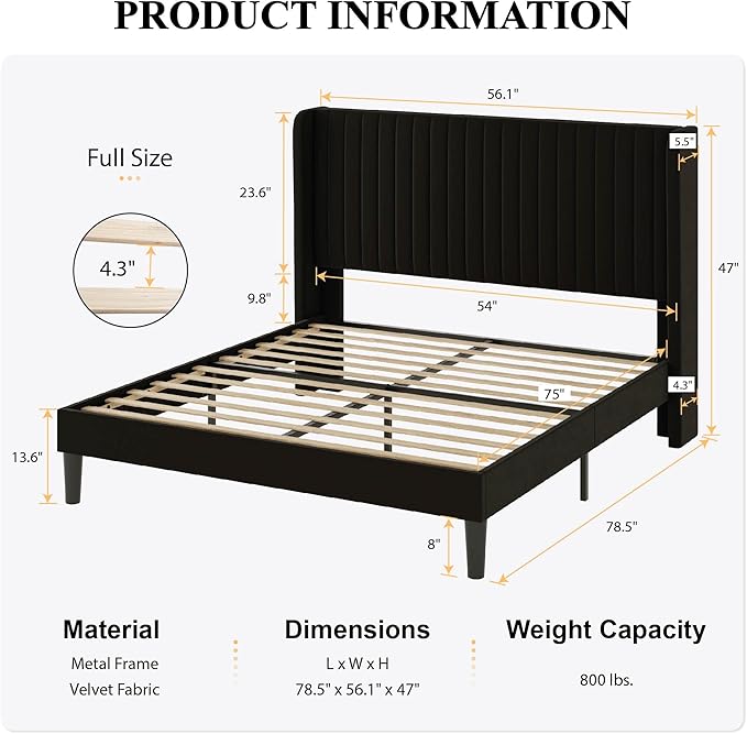 SHA CERLIN Full Size Velvet Bed Frame with Vertical Channel Tufted Wingback Headboard, Upholstered Platform Bed with Wood Slats, No Box Spring Needed, Easy Assembly, Black