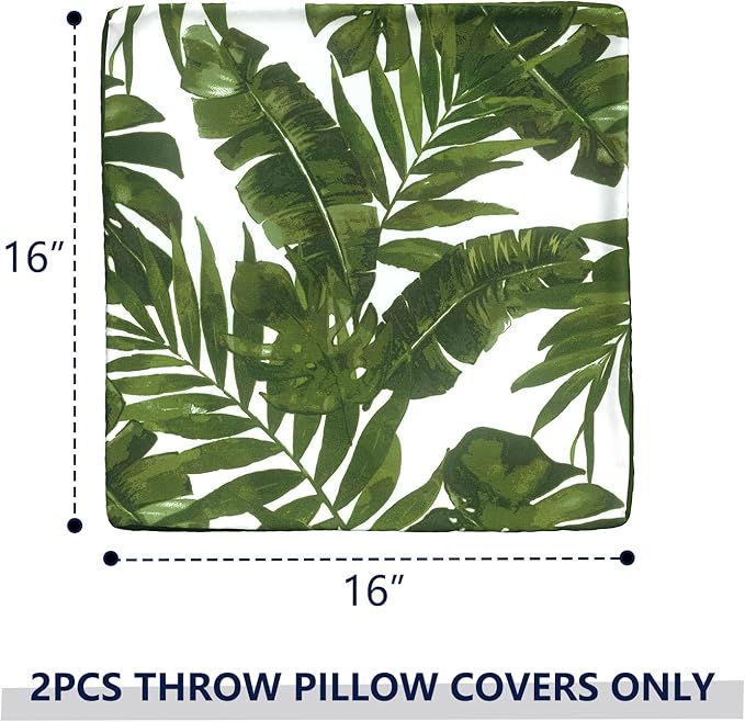 Outdoor Throw Pillow Covers 16x16 Inch, Square Patio Pillow Cases Pack of 2, Modern Decorative Back Cushion Covers for Patio Furniture Garden Couch Farmhouse, Palm Green
