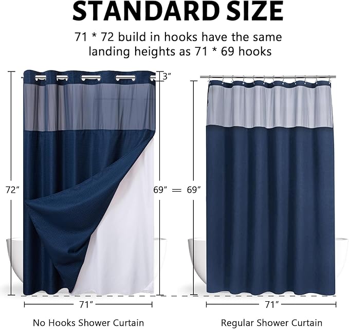 Furlinic Waffle Weave No Hook Shower Curtain with Snap in Fabric Liner Set,Heavy Duty Textured Bathroom Curtain with See Through Window,Waterproof & Machine Washable,Navy Blue,71x72 Inch