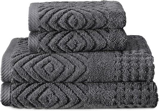 Texere 100% Organic Cotton Diamond Jacquard 700 GSM Luxury Bath Towel Sets - Ultra Soft and Absorbent Hotel and Spa Quality (Diamond, Charcoal, 2 Hand & 2 Face Towels)