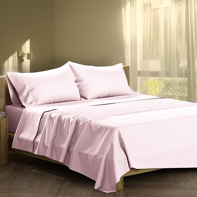 XOOX Linen Full Sheet Sets Cotton - 500 Thread Count 100% Cotton Full Sheets, 4 PC (Blush), Luxury Soft, Breathable, Cooling, Extra Large 16" Deep Pocket Sateen Bedsheet for Dorm Rooms