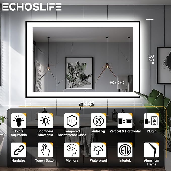 44x32 Bathroom Mirror with LED Lights - Black Framed, Front and Backlit Mirror, Anti-Fog LED Vanity Mirror, 3 Colors and Dimmable Mirror, Waterproof, Corrosion Proof (Horizontal/Vertical)