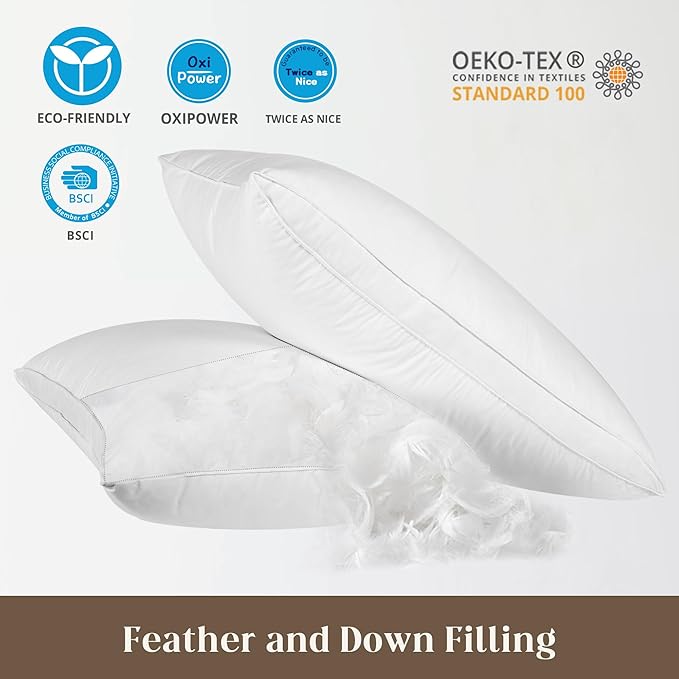 Goose Down Feather Pillows, Soft Bed Pillows King Size Set of 2, 100% Soft Cotton Shell,Gusseted Hotel Pillows for Back, Stomach or Side Sleepers