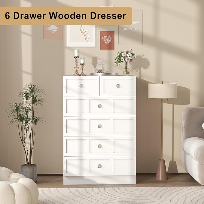 6 Drawer Dresser for Bedroom: 24" Fluted White Dresser Deep Drawers, Modern Chest of Drawers for Bedroom, Fluted Wood Dressers for Living Room, Hallway