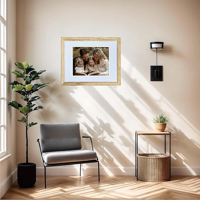 11x14 Picture Frame Matted to 8x10, 8*10 Picture Frame with Mat ,11*14 Solid Oak Wood Picture Frames Vertical & Horizontal Wall Hanging Display，11 by 14 Premium Photo Frame with Real HD Tempered Glass , Oak Color, 1 Pack