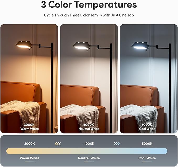 VONLUCE Dimmable LED Floor Lamp, 56" Floor Lamp for Living Room with Adjustable Height Swing Arms 3 Color Temperatures, Industrial Standing Pole Lamp for Bedroom Reading, Rustic Black