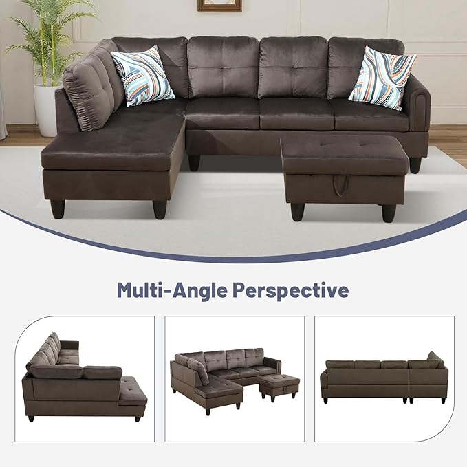 L-Shape 3-Piece Cloud Sofa, Couch for Living Room, Dark Brown Flannel Fabric L-Shape with Reversible Chaise & Storage Ottoman, Ergonomic 110–115° Recline, Solid-Wood Frame