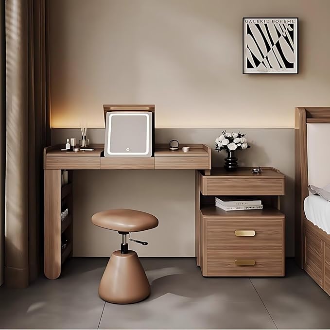 Mid Century Makeup Vanity - Solid Wood Vanity Set with Adjustable Makeup Stool and 5 Drawers, Storage Table Leg, Dressing Table Include Flip Makeup Mirror for Bedroom (Walnut Color,27.56'')
