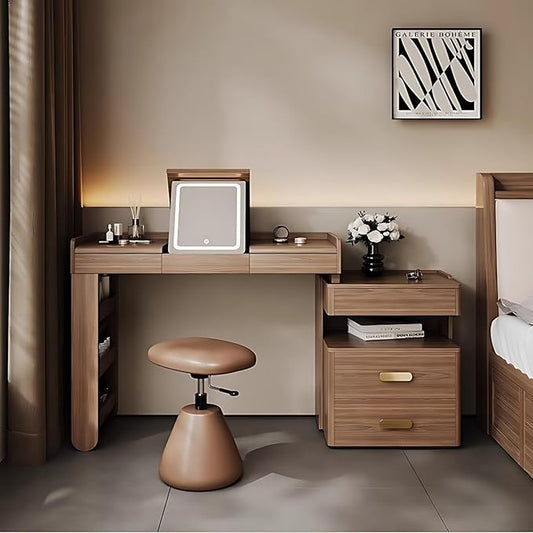 Mid Century Makeup Vanity - Solid Wood Vanity Set with Adjustable Makeup Stool and 5 Drawers, Storage Table Leg, Dressing Table Include Flip Makeup Mirror for Bedroom (Walnut Color,39'')
