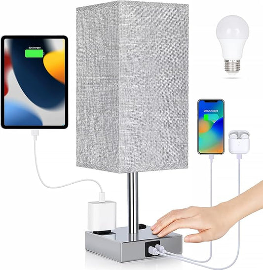 Bedside Lamp with USB Ports - Touch Control Table Lamp for Bedroom with USB C+A Charging Ports & AC Outlets, 3 Way Dimmable Nightstand Light for Living Room (LED Bulb Included, Chrome - Grey)