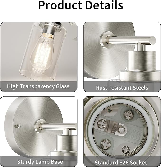 Brushed Nickel Wall Light: LED Wall Sconces Indoor, Modern Sconces Wall Lighting with E26 Base and Clear Glass Shade, Wall Light Fixtures for Bedroom, Hallway, Mirror, Living Room