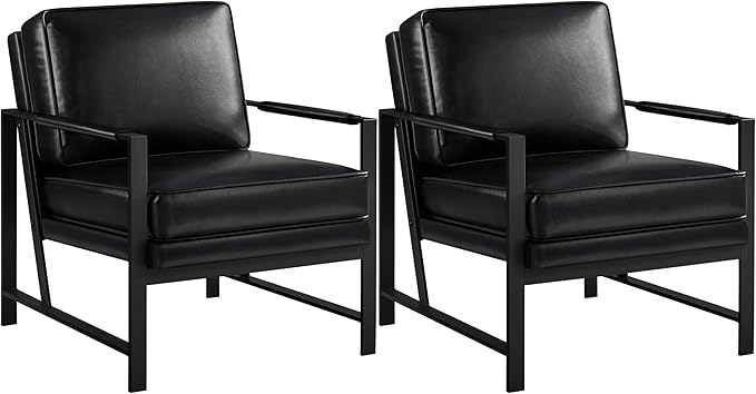 Yaheetech PU Leather Armchair, Retro Leisure Accent Chair with Extra Soft Padded and Cushion, Modern Reading Arm Chair with Black Metal Frame for Living Room/Office/Bedroom/Study Black 2 PCS