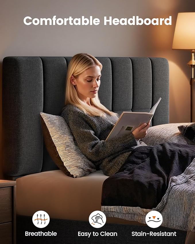 Pipishell Queen Bed Frame with 12 Thickened Legs&Fabric Upholstered Headboard,1300 lbs Strong Weight Capacity, Adjustable Headboard, No Box Spring Needed, Easy Assembly, Underbed Storage（Solid Wooden）