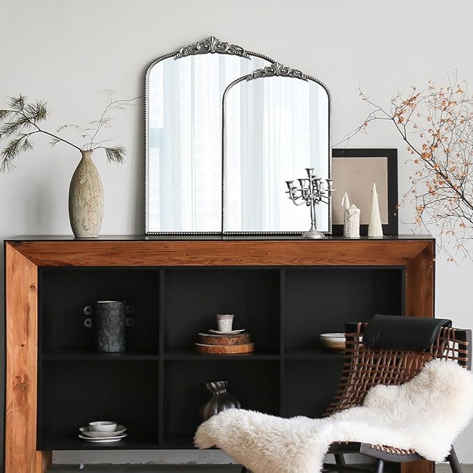 Micasso Arched Mirror, Traditional Vintage Ornate Mirror, 31" x 19" Antique Baroque Silver Wall Mirror for Bathroom Bedroom Living Room