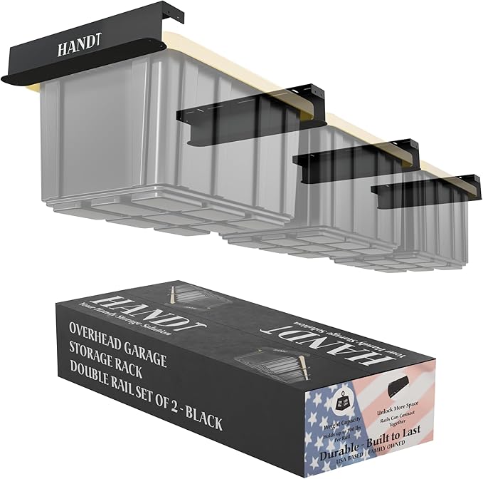 HANDT Overhead Garage Storage Rack, Connectable Heavy Duty Metal Ceiling Rails For Garage Storage Organization Shelving System, Hanging Racks For Tote Containers, Supports Up To 3 Bins, 2 Sets Black