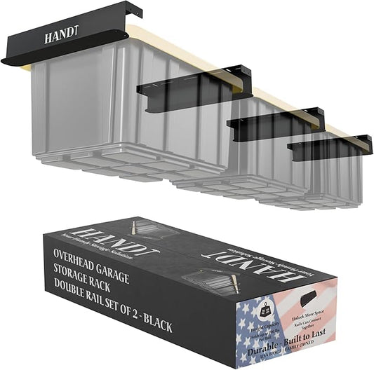 HANDT Overhead Garage Storage Rack, Connectable Heavy Duty Metal Ceiling Rails For Garage Storage Organization Shelving System, Hanging Racks For Tote Containers, Supports Up To 3 Bins, 2 Sets Black