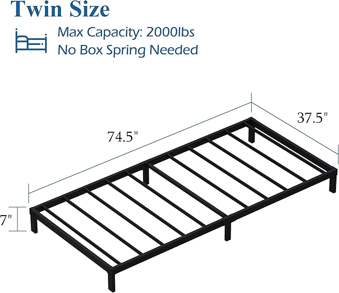 7 Inch Twin Bed Frames Heavy Duty Low Profile Metal Platform No Box Spring Needed Mattress Foundation, Easy to Assembly, Noise Free, Black
