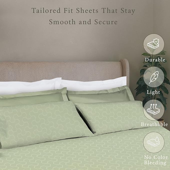 Threadmill 500 Thread Count Twin Size 3 Pc Luxury Cotton Bedding Set, Jacquard Floria Sage Green, Damask Sheets with 15" Elasticized Deep Pocket, 1 Pillowcase & Free Tote Bag