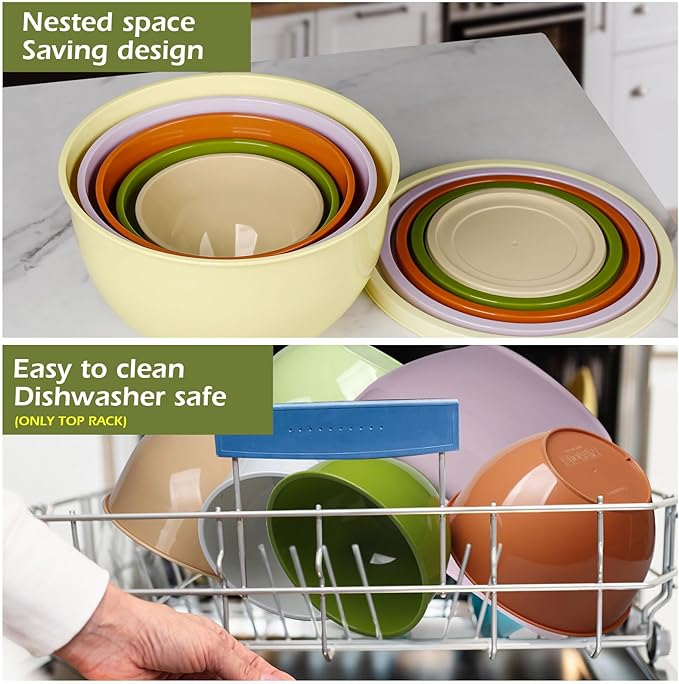 Plastic Mixing Bowls with Lids Set for Kitchen, Nesting Bowls for Mixing, Baking, Prepping, Cooking and Serving Food (5 Set-Olive green)
