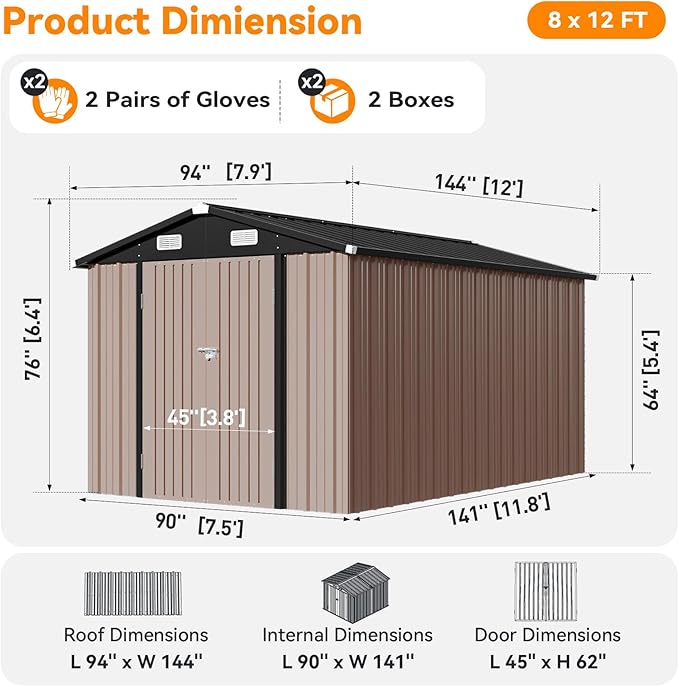8x12 FT Metal Outdoor Storage Shed, Dual Doors with Lockable Bolts, Large Garden Shed for Yard Tools, Bike, Generator, Waterproof Galvanized Steel Panel with Vent & Sloping Roof（Brown）