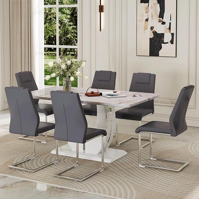 Dining Table Set for 6, Kitchen Table Chairs Set of 6, Modern Dining Room Set 63'' Faux Marble Dinner Table PU Leather Upholstered Chairs for Kitchen