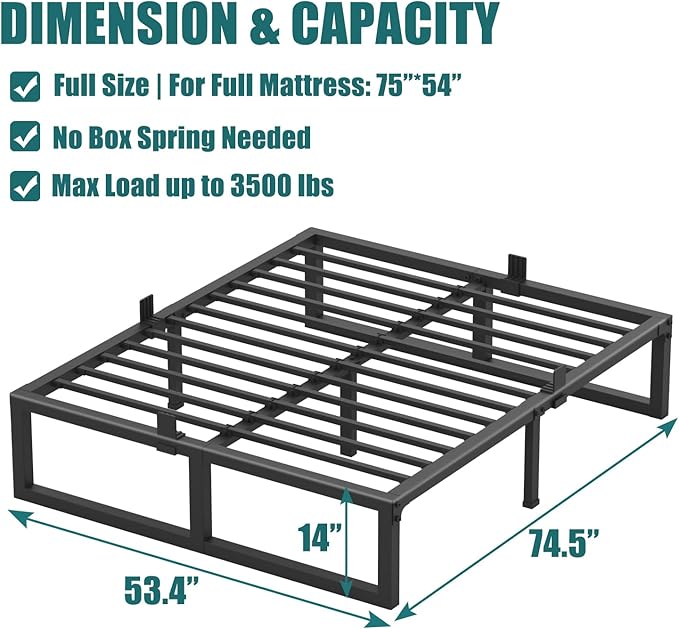 Full Size Bed Frame, 14 Inch Heavy Duty Support 3500 lbs Metal Platform, No Box Spring Needed/Noise Free/Non-Slip/Steel Slat Support/Easy Assembly