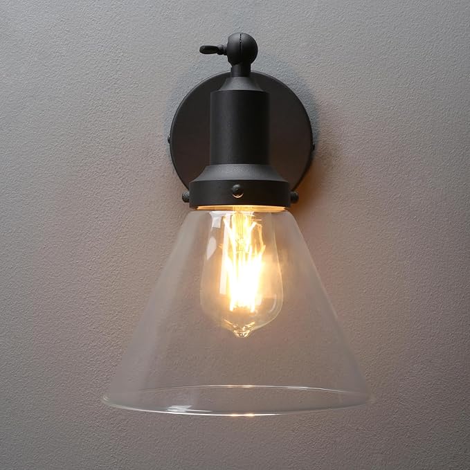 PERMO Industrial Vintage Slope Pole Wall Mount Single Sconce with Funnel Flared Clear Glass Shade Wall Sconce Light Lamp Fixture (Black)
