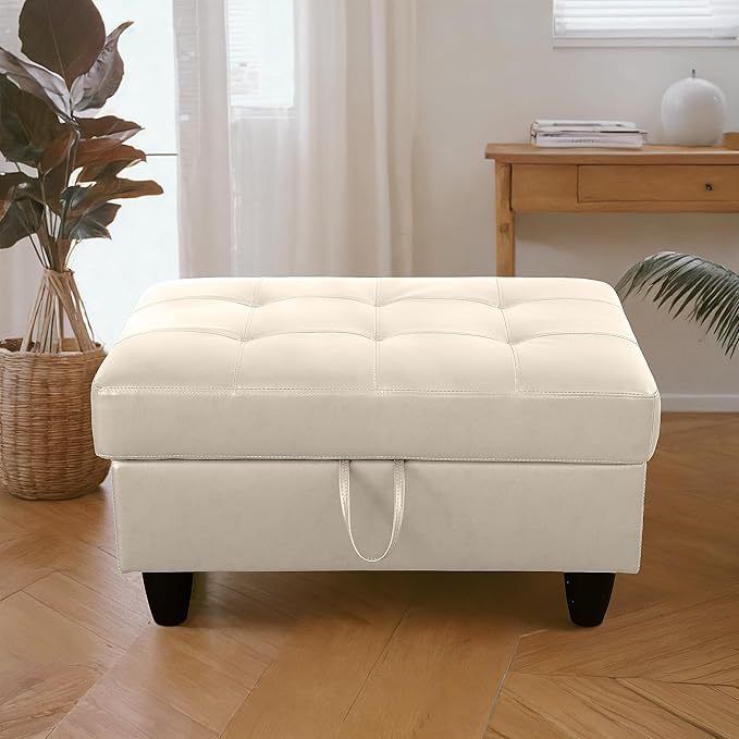 Ottoman Rectangular Storage Ottoman Bench, Faux Leather Footrest, Coffee Table, Stool Footstool with Hinged Lid for Living Room, Bedroom, Entryway, Champagne, 35"x23.5"x17.5"