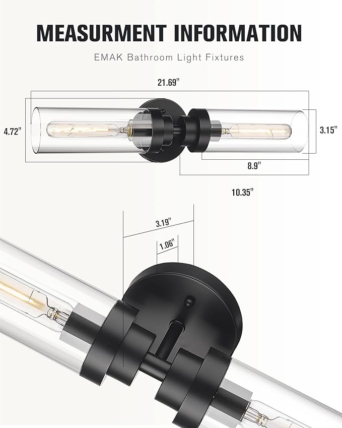 Emak 22 Inch Black Bathroom Light Fixtures Over Mirror, 2-Light Bathroom Vanity Light with Clear Glass Shade, 2 Pack Wall Sconce for Bathroom, Bedroom, Hallway, VL085-BKL-2-2PK