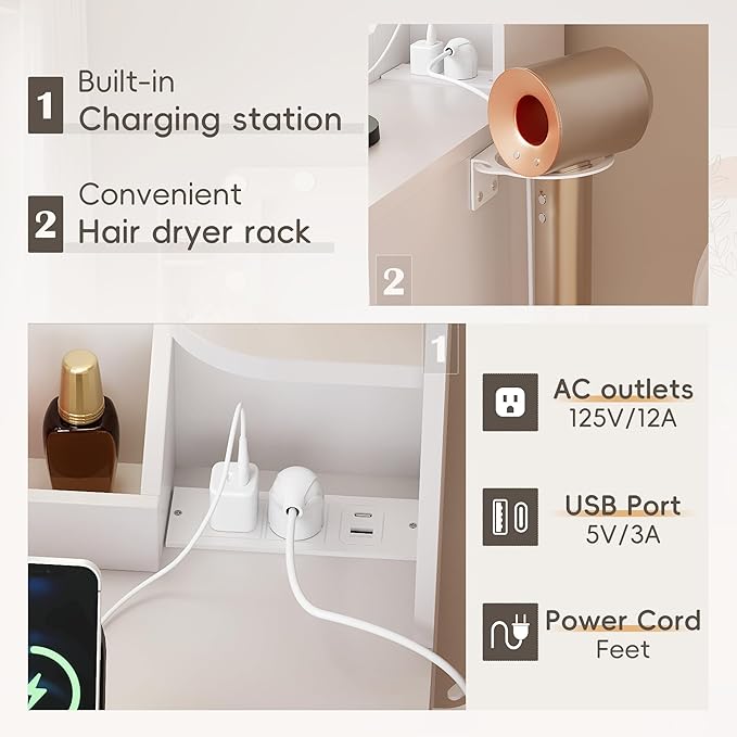 YESHOMY Vanity Desk with Large Lighted Mirror, Power Outlet and 11 Lights, Makeup Table with 7 Drawers and 3 Desktup Storage Units, 3 Color Modes Available for Bedroom, White