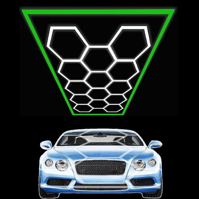 Hexagon Garage LED Light, Ceiling Lights, Shop Light for Car Detailing, Garage, Workshop and Gym (14 Hex Grids,Green) AC 100-240V(190.56 inch x 95.76 inch)