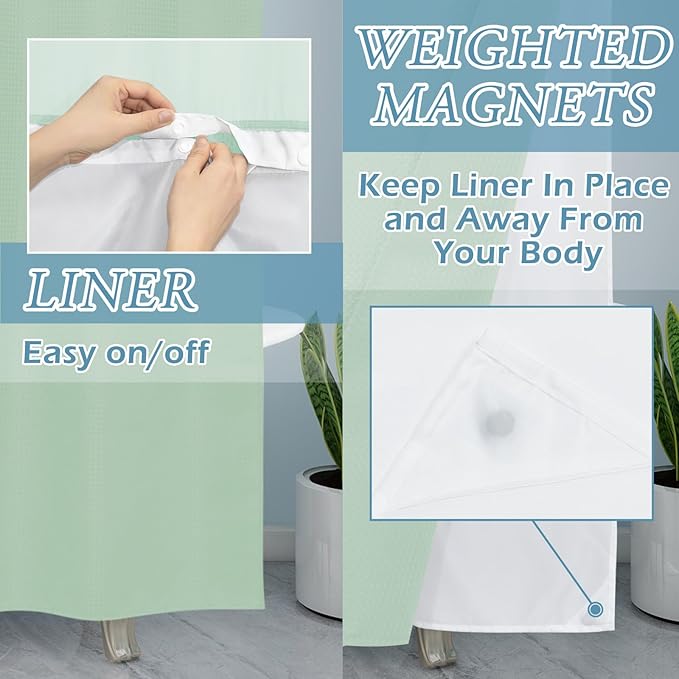 Mint Green Stall No Hook Shower Curtain with Snap in Liner,230GSM Waffle Weave Shower Curtains for Bathroom,54W x 80H