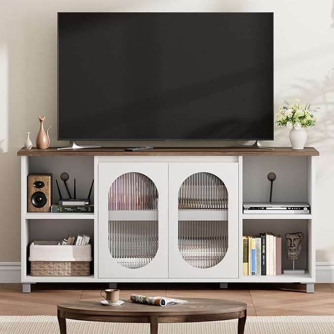 71" Modern Farmhouse TV Stand - Corrugated Glass Door Media Console with 3 Open Shelves, 15" D x 29" H Entertainment Center (White & Dark Brown)