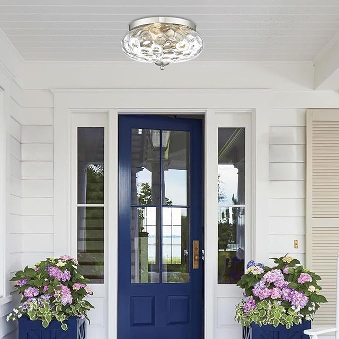 Darkaway Ceiling Light Fixtures Flush Mount Indoor Outdoor Ceiling Light with Water Ripple Glass Shade for Hallway Kitchen Bedroom Porch Living Room Nickel Finish