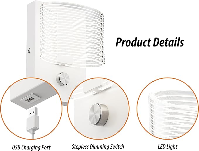 URSOLA Wall Sconce LED Wall Lamp with Dimmer Switch and USB Charging Port Oval Linear Sleek Lampshade 110 Volt Hardwired Wall Light 4000K Sconces Wall Lighting (White)