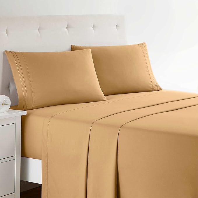 Clara Clark 4Piece California King Bed Sheets Set, Deep Pocket, Microfiber, Camel Gold