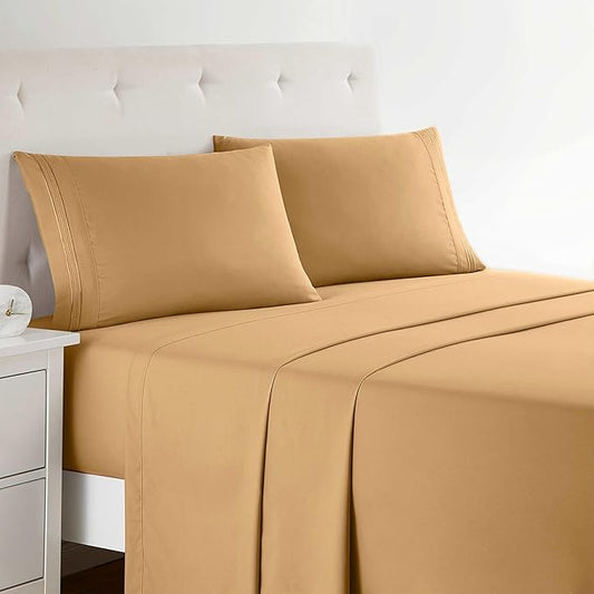 Clara Clark 4Piece California King Bed Sheets Set, Deep Pocket, Microfiber, Camel Gold