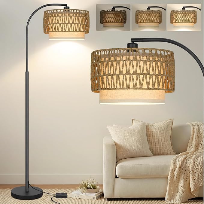 Arc Floor Lamp Black, Boho Floor Lamps for Living Room, Dimmable Standing Tall Lamps with Rattan Fabric Shade, Modern Floor Lamp Farmhouse Bohemian Light for Bedroom, Office, 9W LED Bulb Included