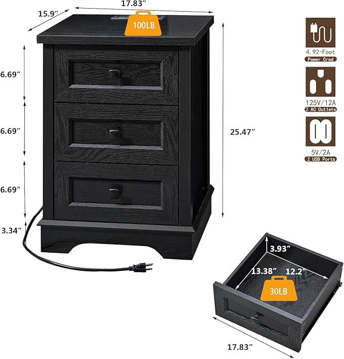 SOOWERY Dresser for Bedroom, Farmhouse Dresser with 3 Wooden Drawers and Storage Cabinet, 25 Inches Tall Side Table Chest of Drawers for Bedroom, Living Room, Hallway, Black