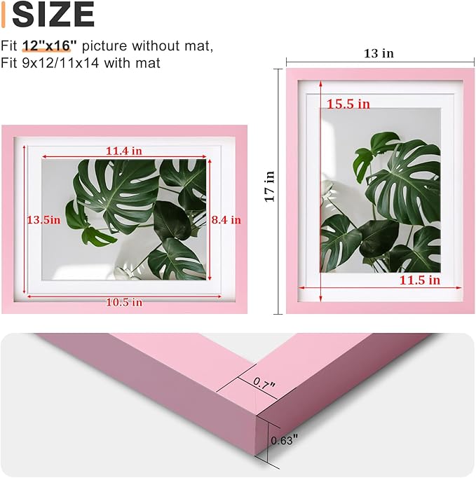 Egofine 12x16 Picture Frame with Plexiglass, Display Pictures 9x12/11x14 with Mat or 12x16 Without Mat for Wall Mounting, Pink