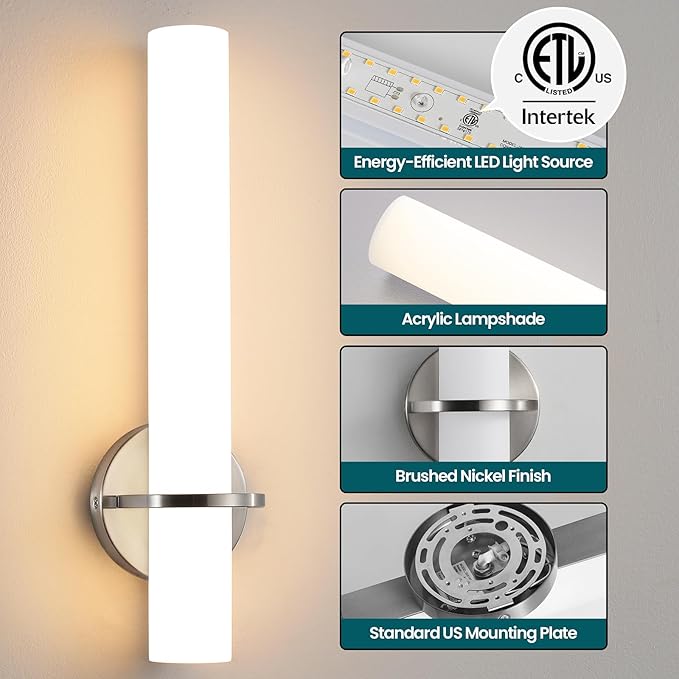 Brushed Nickel Bathroom Sconces Wall Lighting 18W LED Dimmable Vanity Light Fixture, 3000K Modern Wall Light Fixtures Indoor Wall Lamps for Bedroom Living Room Mirror Hallway Porch 18 inch