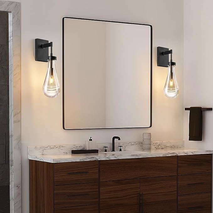 Raindrop Wall Sconces Set of Two Black Sconces Wall Decor Modern Brass Wall Lighting Glass Bathroom Sconces Indoor Vanity Light Wall Lamp for Bedroom Living Room Stair