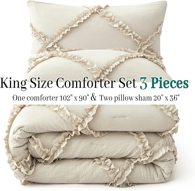 Bonlino King Comforter Set Soft Bedding - 3 Pcs Tufted Decor Fluffy Comforter Boho Bed in a Bag with Cute Lightweight Pillowcase for Dorm Farmhouse Bedroom Luxury Gift(Wheat)