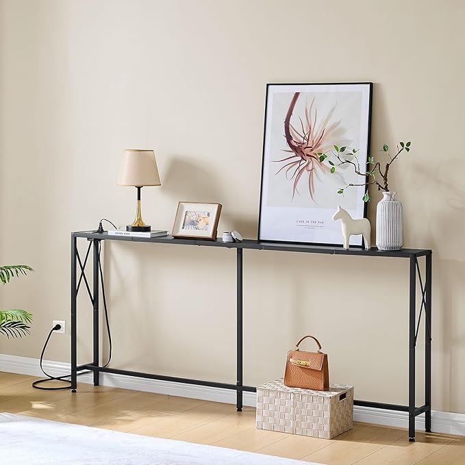Console Table Narrow Long, Behind Couch Table with Oulets & USB Ports, Industrial Long Skinny Stand for Entryway,Hallway, Living Room, Bedroom Black, 7.9" D x 70" W x 24.8" H