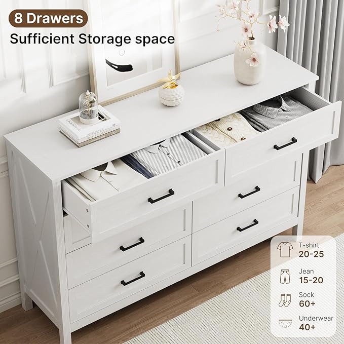 LYNSOM Farmhouse 8 Drawer Dresser for Bedroom, 55 Inch Wide Wood Rustic Chest of Drawers with X-Marking & Bar Handle, Large Storage Dressers Organizer for Bedroom, Living Room, White