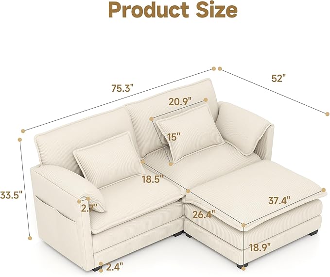 Real Relax 75.3'' Modular Sectional Sofa, Loveseat Corduroy Convertible Couch with Movable Ottoman 4 Pillows and 2 Armrest Pillows for Living Room, Office and Leisure Places, Beige